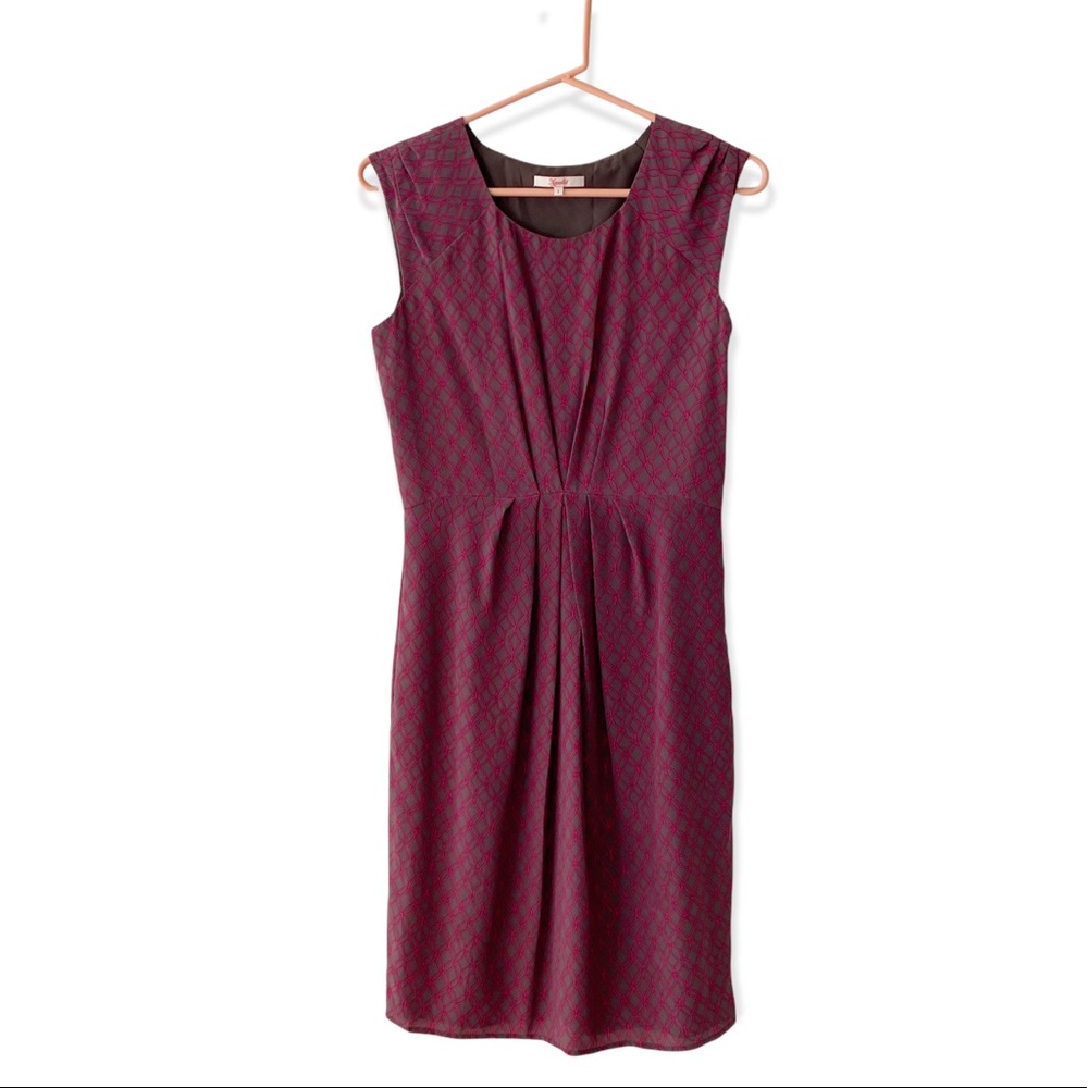 Moncollet 100% Silk Gray Sheath Dress with Pink Pattern Women's Size 2